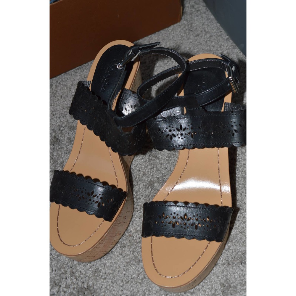 New Coach 7.5 Black Shoes Wedges Cut-out Leather Strap $338 Slingback